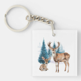 Deer and doe with snowy pine tree sleutelhanger