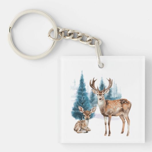 Deer and doe with snowy pine tree sleutelhanger (Voorkant)