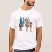 Deer and doe with snowy pine tree t-shirt (Voorkant)