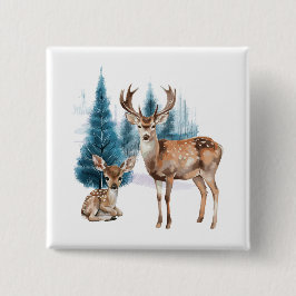 Deer and doe with snowy pine tree vierkante button 5,1 cm