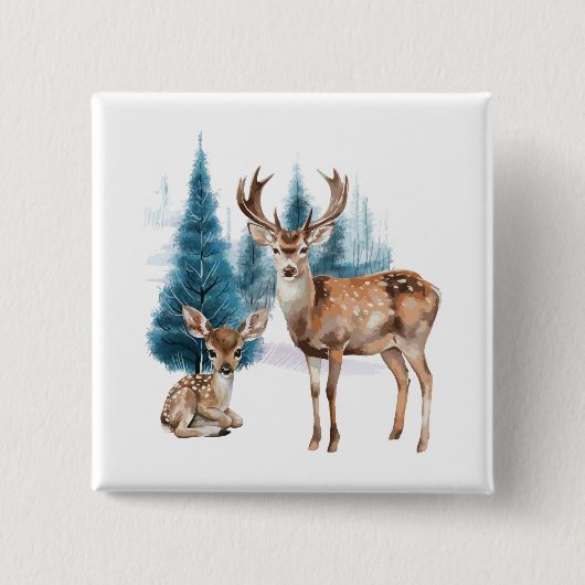 Deer and doe with snowy pine tree vierkante button 5,1 cm (Voorkant)