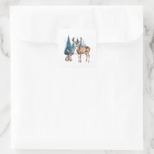 Deer and doe with snowy pine tree vierkante sticker (Tas)