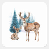 Deer and doe with snowy pine tree vierkante sticker (Voorkant)