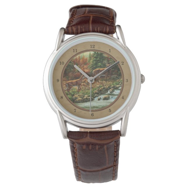 Deer and Stream Waterfall Tan Horloge (Voorkant)
