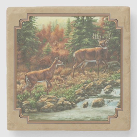 Deer and Stream Waterfall Tan Stenen Onderzetter (Voorkant)