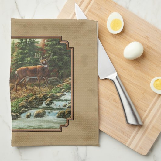 Deer and Stream Waterfall Tan Theedoek (Quarter Fold)