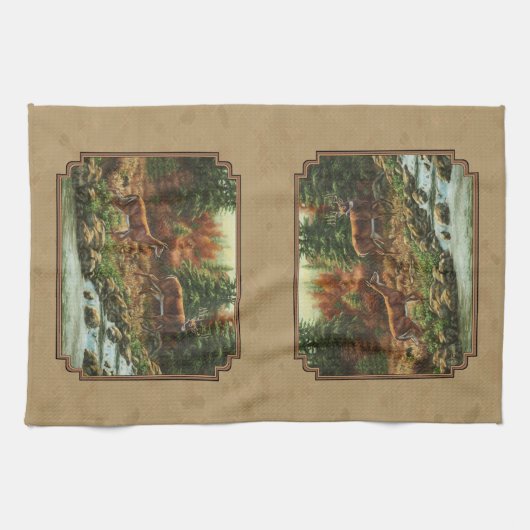 Deer and Stream Waterfall Tan Theedoek (Horizontaal)