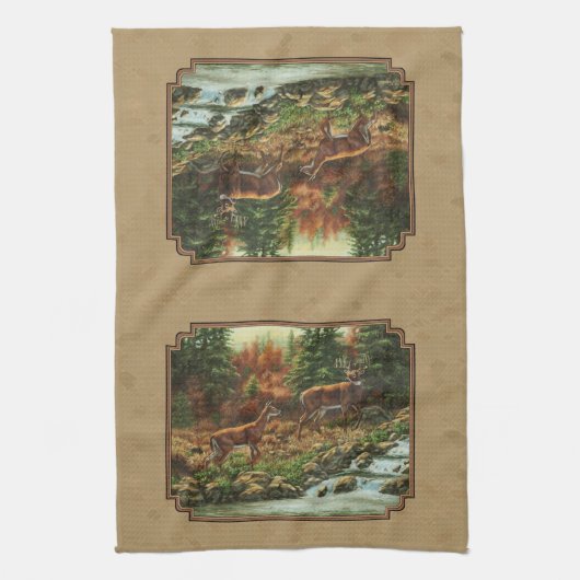 Deer and Stream Waterfall Tan Theedoek (Verticaal)