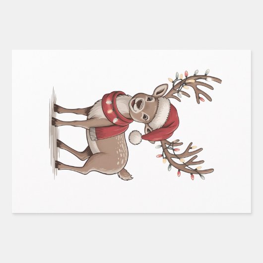 Deer Animal Christmas Deer Santa Hat Xmas  Inpakpapier Vel (Voorkant)