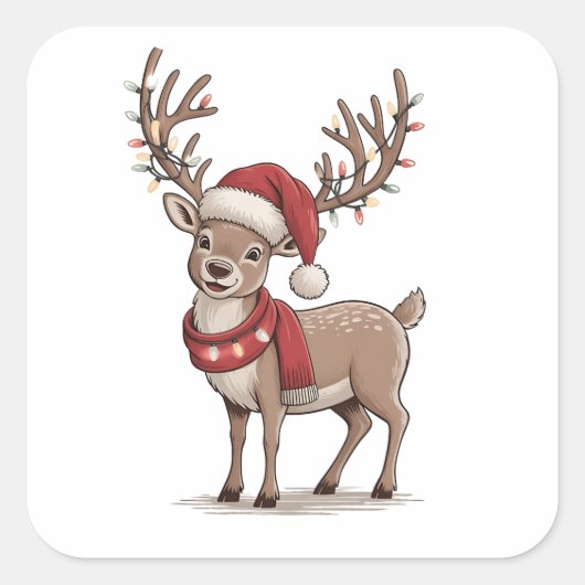 Deer Animal Christmas Deer Santa Hat Xmas Vierkante Sticker (Voorkant)