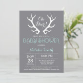 Deer Antler Baby shower Invitation Grey en Aqua Kaart (Staand voorkant)