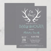 Deer Antler Baby shower Invitation Grey en Aqua Kaart (Voorkant / Achterkant)