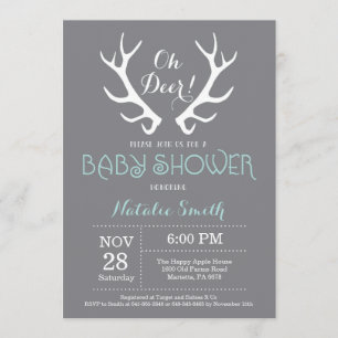 Deer Antler Baby shower Invitation Grey en Aqua Kaart