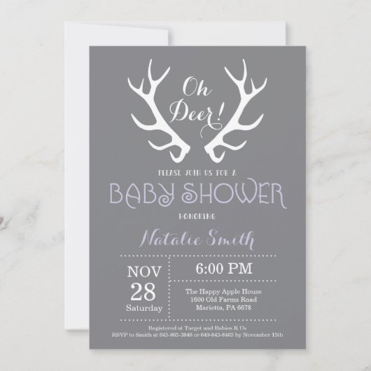 Deer Antler Baby shower Invitation Grijs en Paarse Kaart (Voorkant)