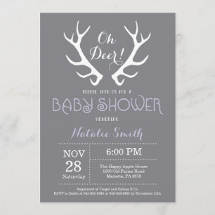 Deer Antler Baby shower Invitation Grijs en Paarse Kaart