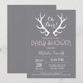 Deer Antler Baby shower Invitation Grijs en Roze Kaart (Voorkant / Achterkant)