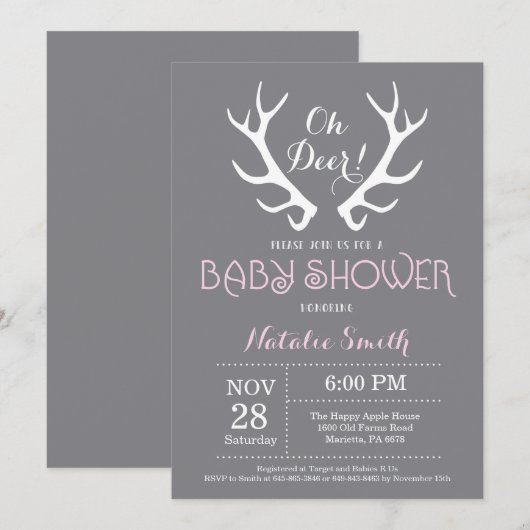 Deer Antler Baby shower Invitation Grijs en Roze Kaart (Voorkant / Achterkant)