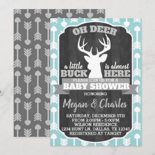 Deer Antler Baby shower Invitation Mint Grijs Blau Kaart