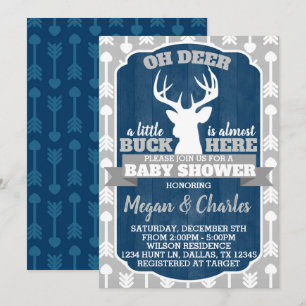 Deer Antler Baby shower Invitation Navy Gray Kaart
