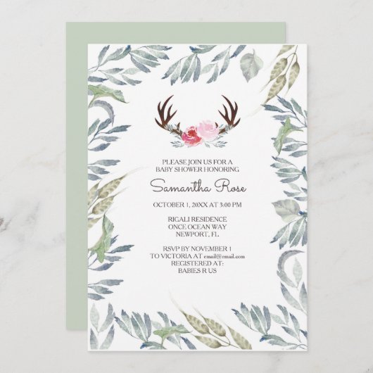 DEER ANTLER Baby shower Uitnodigen - Meisje Kaart (Voorkant / Achterkant)