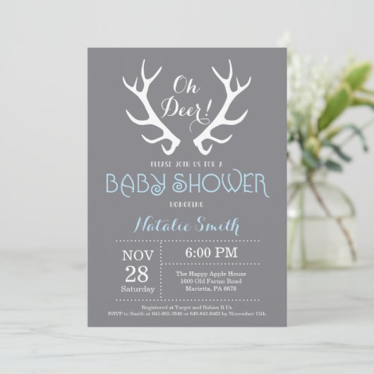 Deer Antler Baby shower Uitnodiging Grijs en Blauw (Staand voorkant)