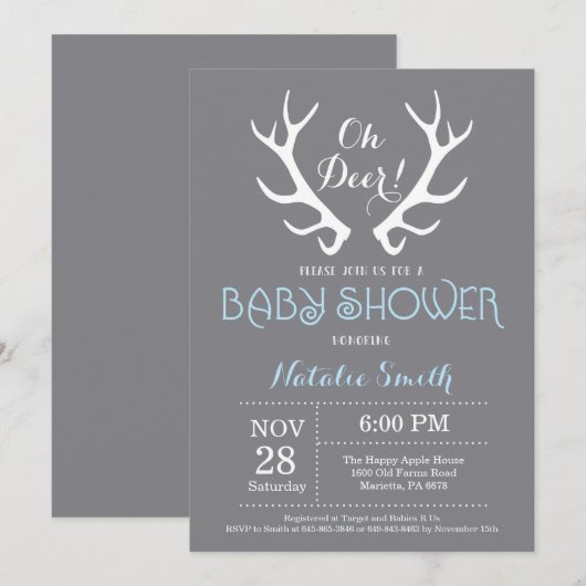 Deer Antler Baby shower Uitnodiging Grijs en Blauw (Voorkant / Achterkant)