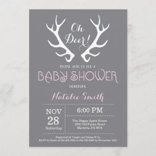 Deer Antler Baby shower Uitnodiging grijs en roze