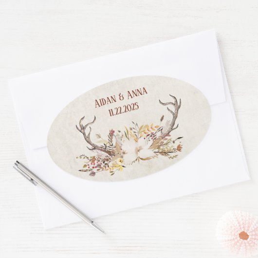 Deer antler en trouwbloemen ovale sticker (Envelop)