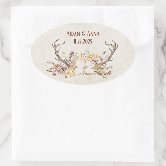 Deer antler en trouwbloemen ovale sticker (Tas)