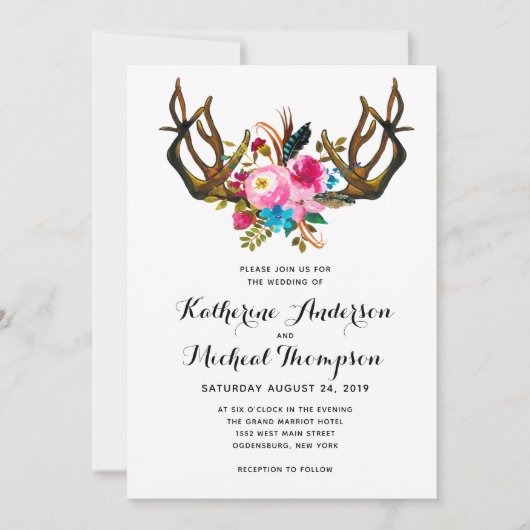 Deer Antler Floral Wedding Invitation Kaart (Voorkant)