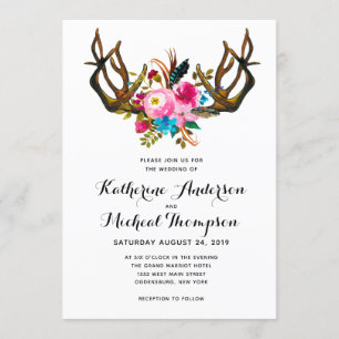 Deer Antler Floral Wedding Invitation Kaart