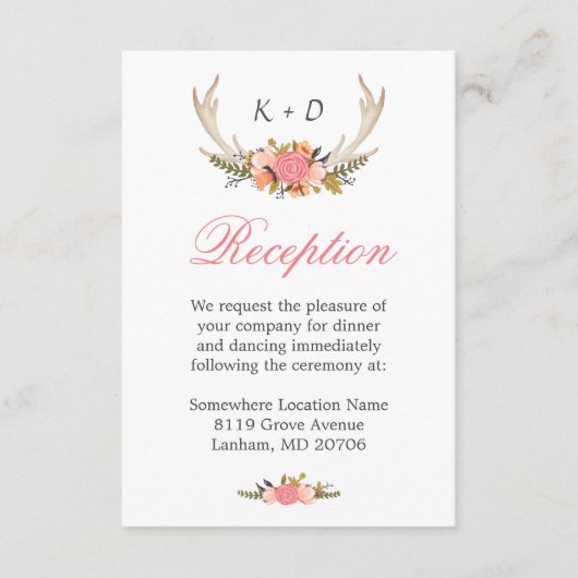 Deer Antler Floral Wedding Reception Direction Informatiekaartje (Voorkant)