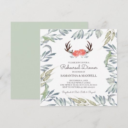 DEER ANTLER & Greenery Rehearsal Dinner Invite Kaart (Voorkant / Achterkant)