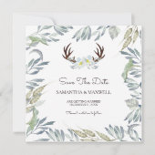 DEER ANTLER & Greenery Save the Date (Blauw) Kaart (Voorkant)