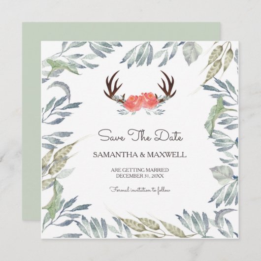 DEER ANTLER & Greenery Save the Date, Peach Flower Kaart (Voorkant / Achterkant)