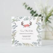 DEER ANTLER & Greenery Save the Date, Peach Flower Kaart (Staand voorkant)