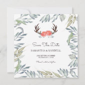 DEER ANTLER & Greenery Save the Date, Peach Flower Kaart (Voorkant)