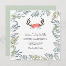 DEER ANTLER & Greenery Save the Date, Peach Flower