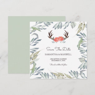 DEER ANTLER & Greenery Save the Date, Peach Flower Kaart