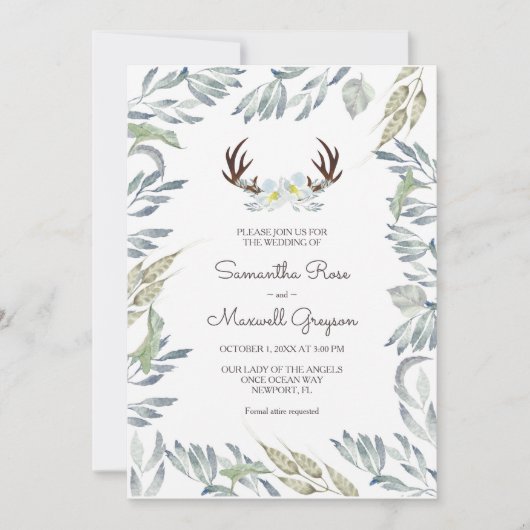 DEER ANTLER Rustic Sage Green Wedding Kaart (Voorkant)