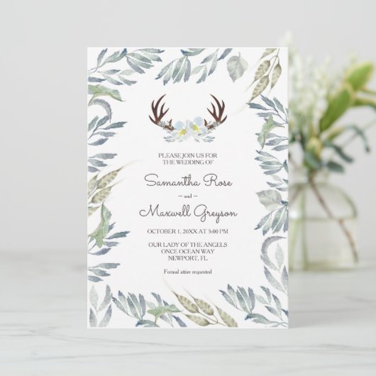 DEER ANTLER Rustic Sage Green Wedding Kaart (Staand voorkant)