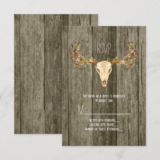 Deer Antler Rustic Wood Southwestern Wedding RSVP (Voorkant / Achterkant)