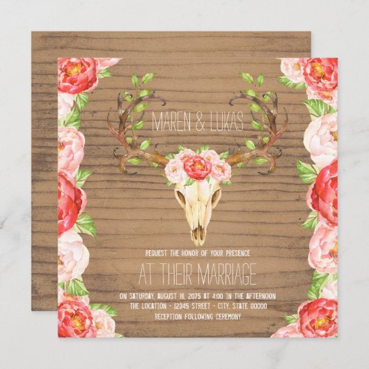 Deer Antler Rustic Wood Waterverf bruiloft Kaart (Voorkant / Achterkant)