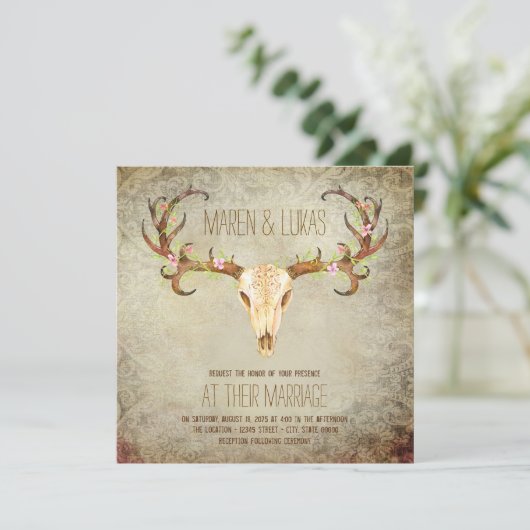 Deer Antler Skull Southwestern bruiloft Kaart (Staand voorkant)