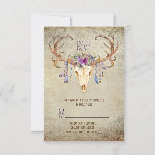 Deer Antler Skull Southwestern Wedding RSVP Kaartje (Voorkant)