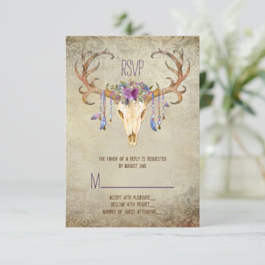 Deer Antler Skull Southwestern Wedding RSVP Kaartje (Staand voorkant)