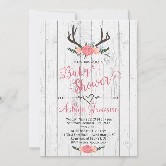 Deer Antler White wood Baby shower Invitation Kaart (Voorkant)