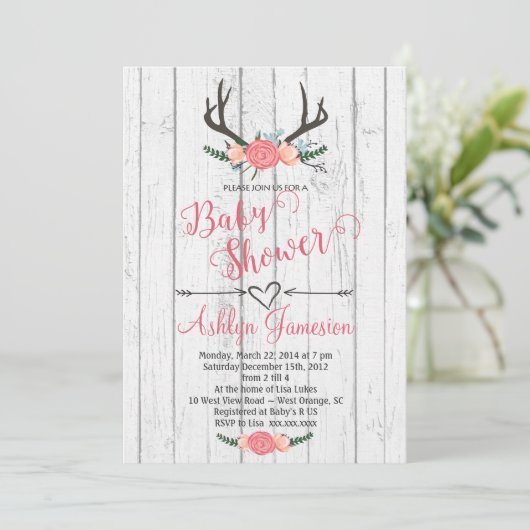 Deer Antler White wood Baby shower Invitation Kaart (Staand voorkant)