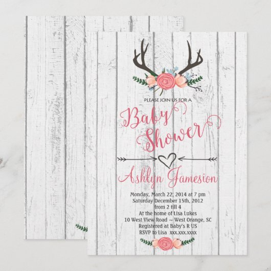 Deer Antler White wood Baby shower Invitation Kaart (Voorkant / Achterkant)