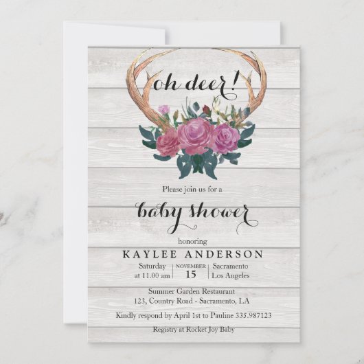 Deer Antler wit hout Baby shower uitnodiging (Voorkant)